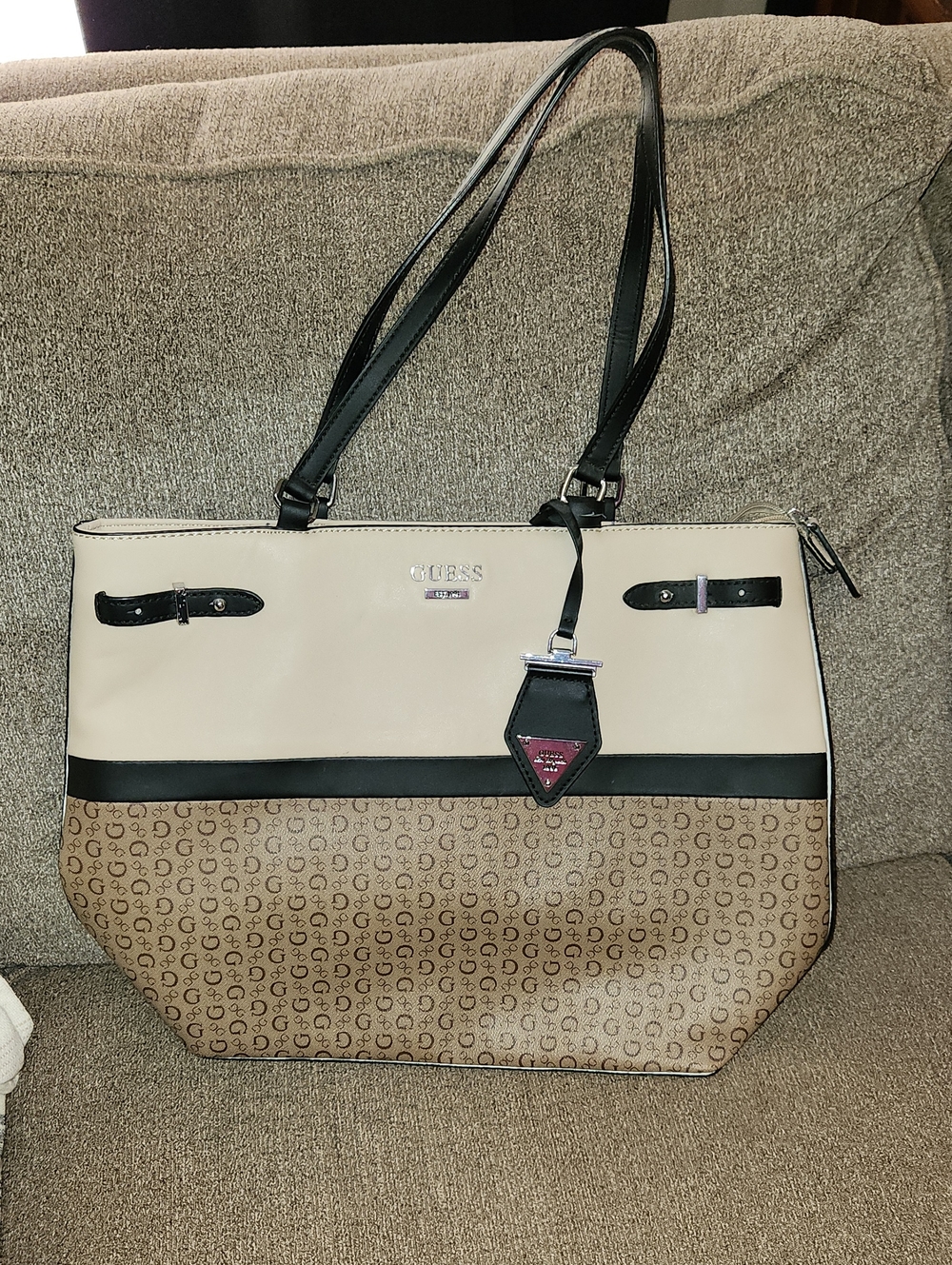 Guess Two-Tone Beige, Brown & Black Signature Tote